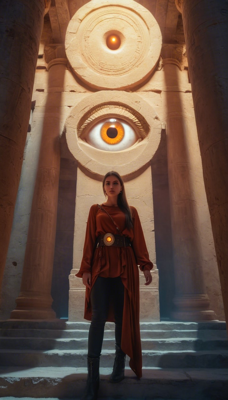 Young woman in ancient temple with mystical eye mural