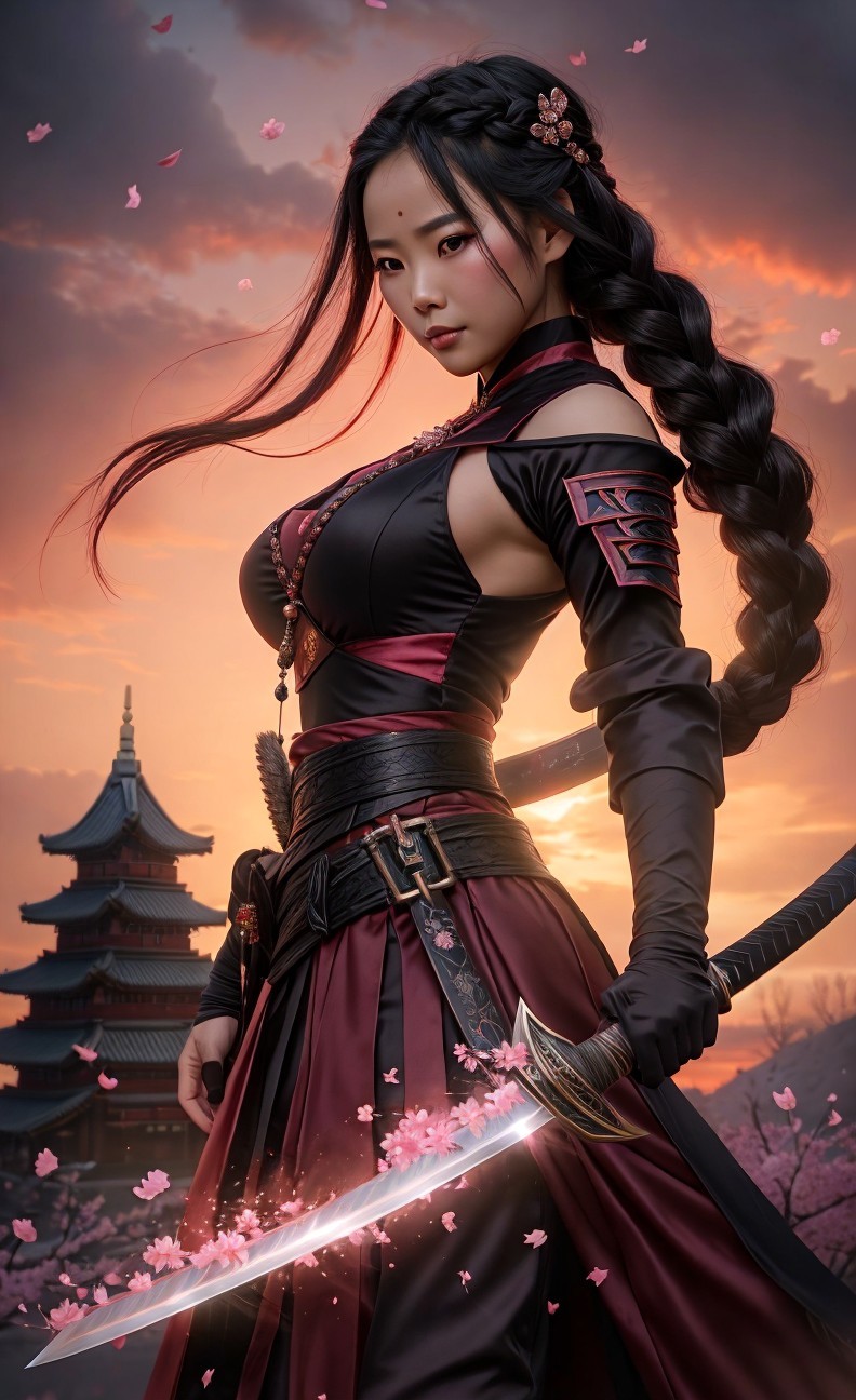 Fierce Warrior in Sunset with Cherry Blossoms and Sword