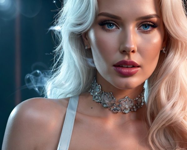 Portrait of a Woman in Silver Outfit with Blue Eyes