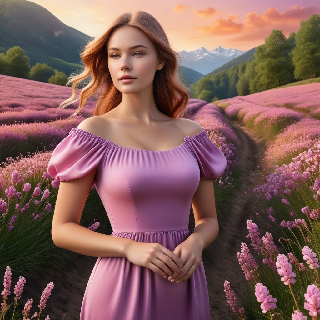 Lavender Field at Sunset with Young Woman in Dress