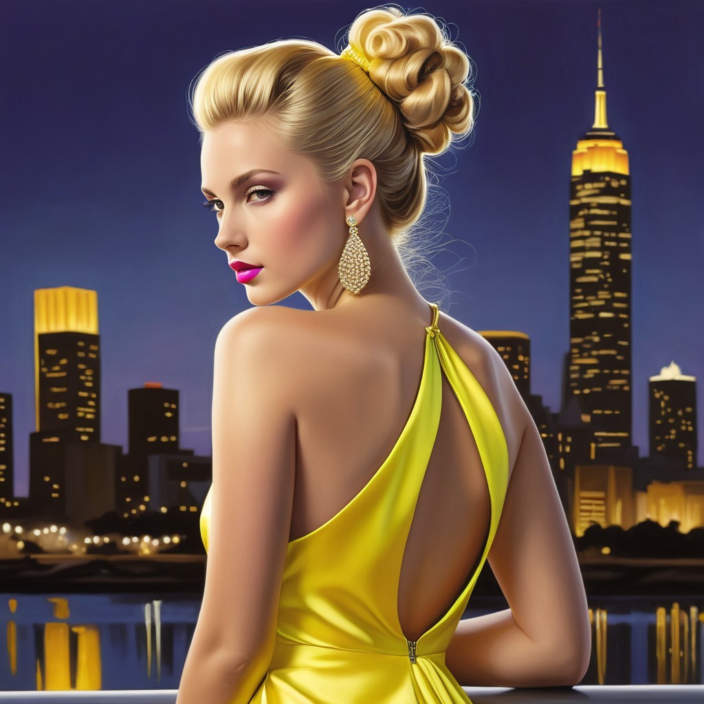 Glamorous Woman in Yellow Gown Against City Skyline