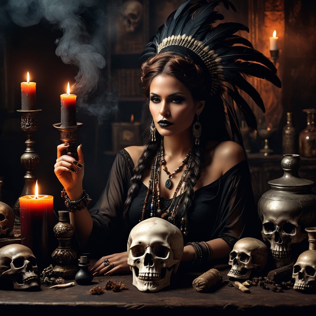 Mysterious Woman in Dark Room with Candles and Skulls