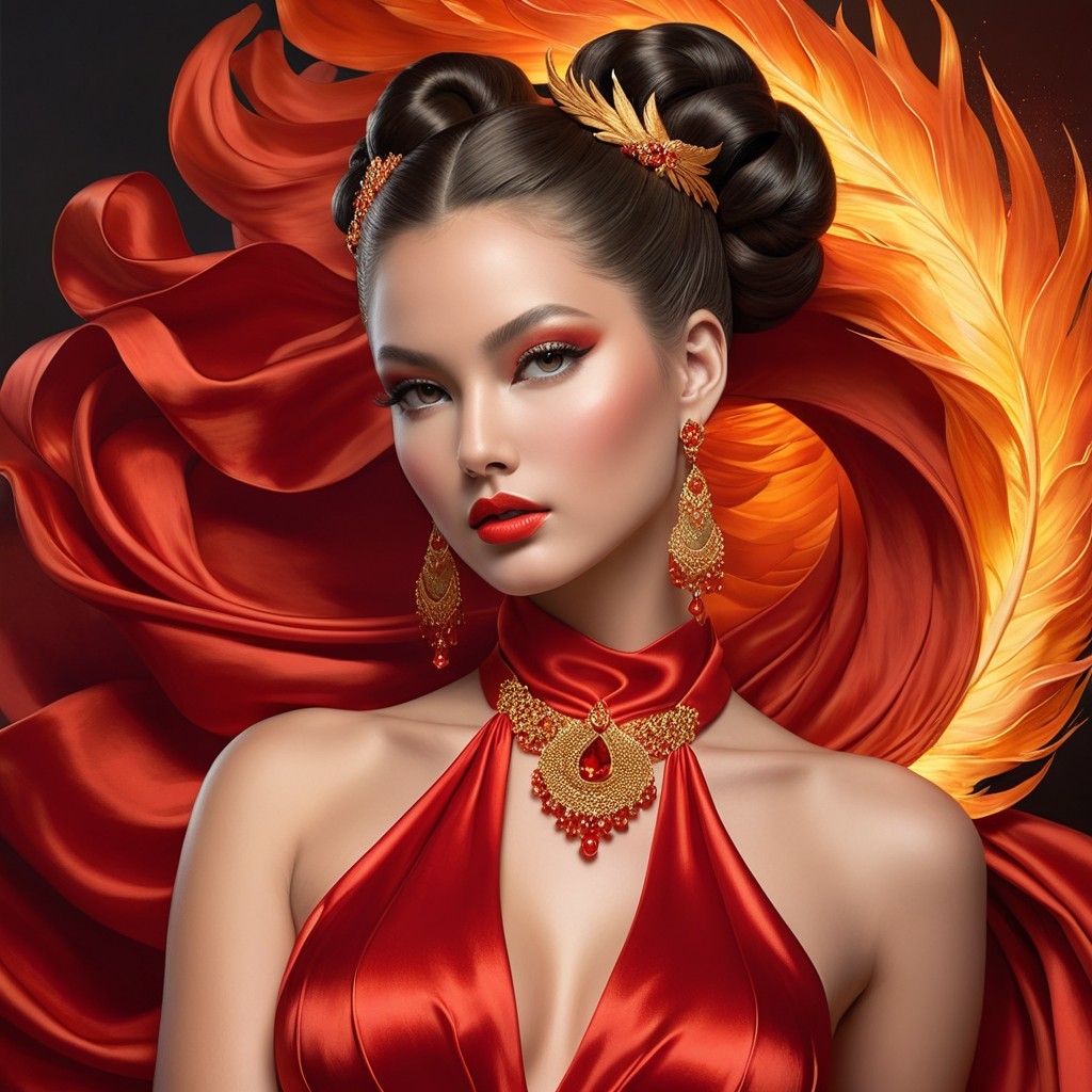 Portrait of a woman in red gown with fiery background