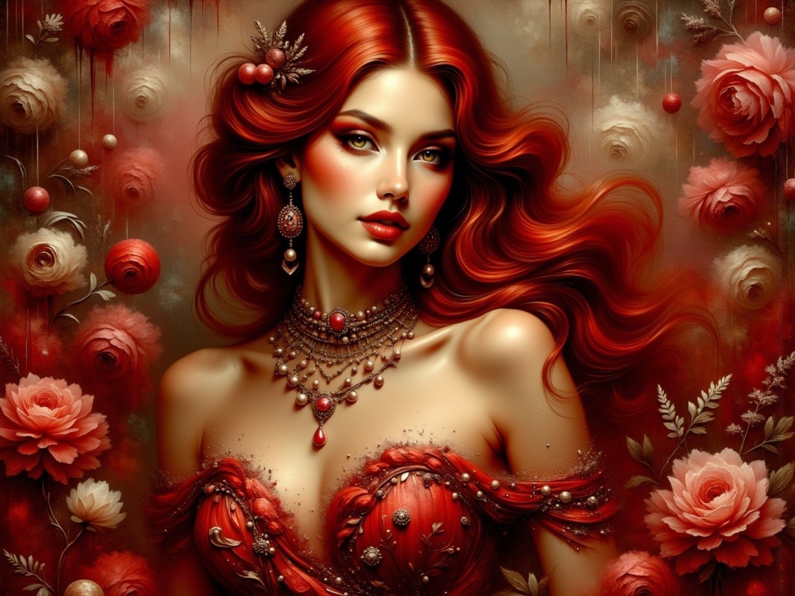 Portrait of a woman in red gown with roses backdrop