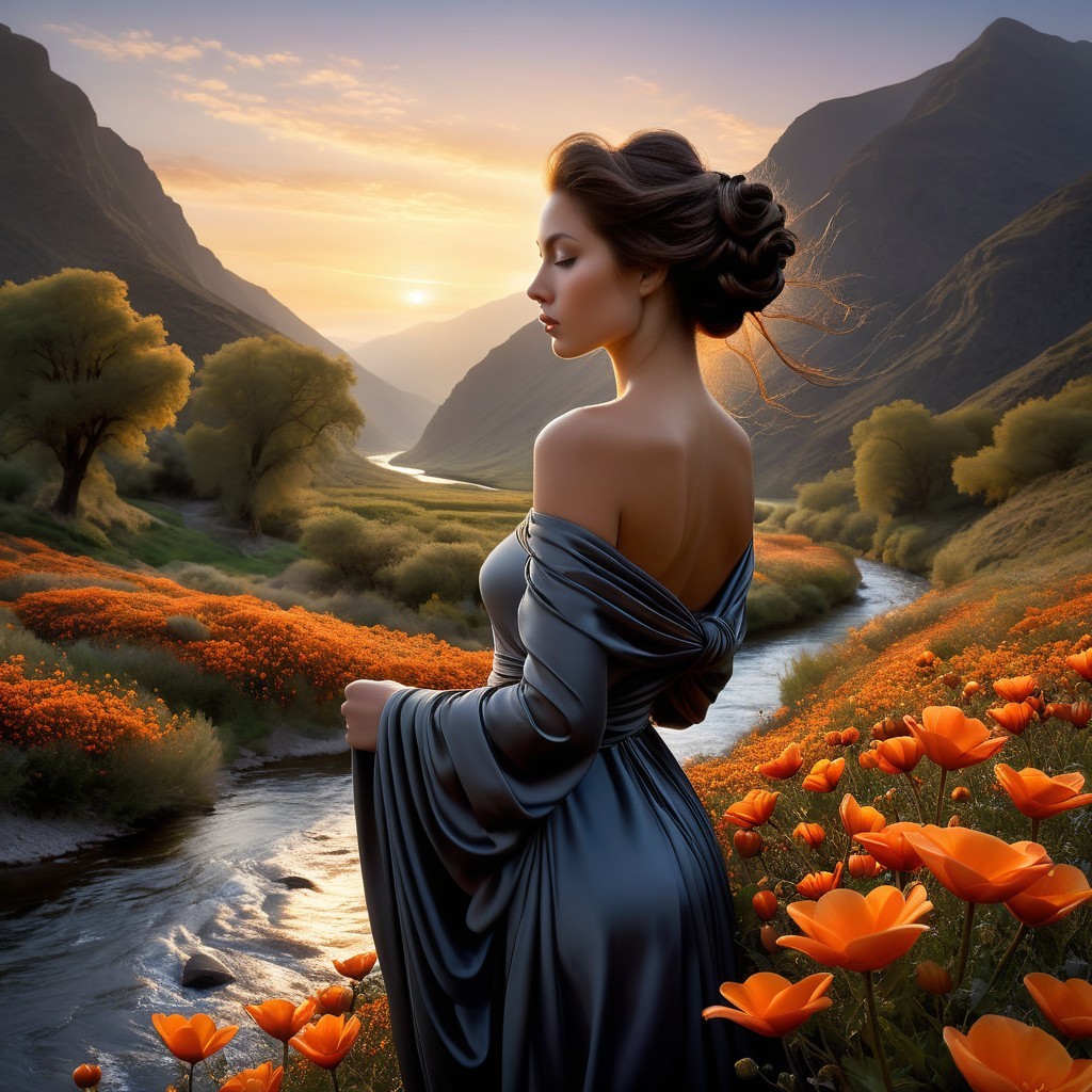 Sunset Serenity with Woman in Gray Gown by River
