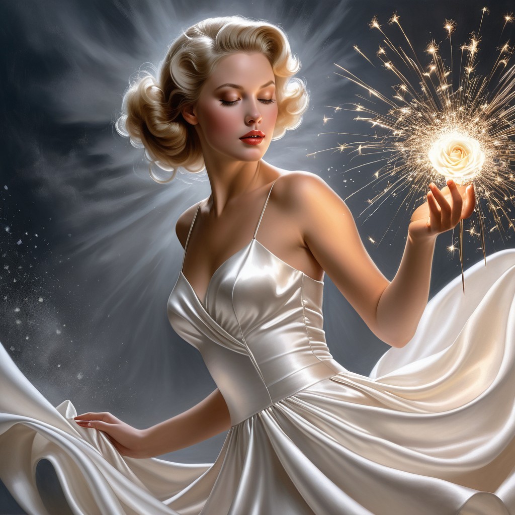 Vintage Hollywood Glamour in Satin Gown with Sparkler