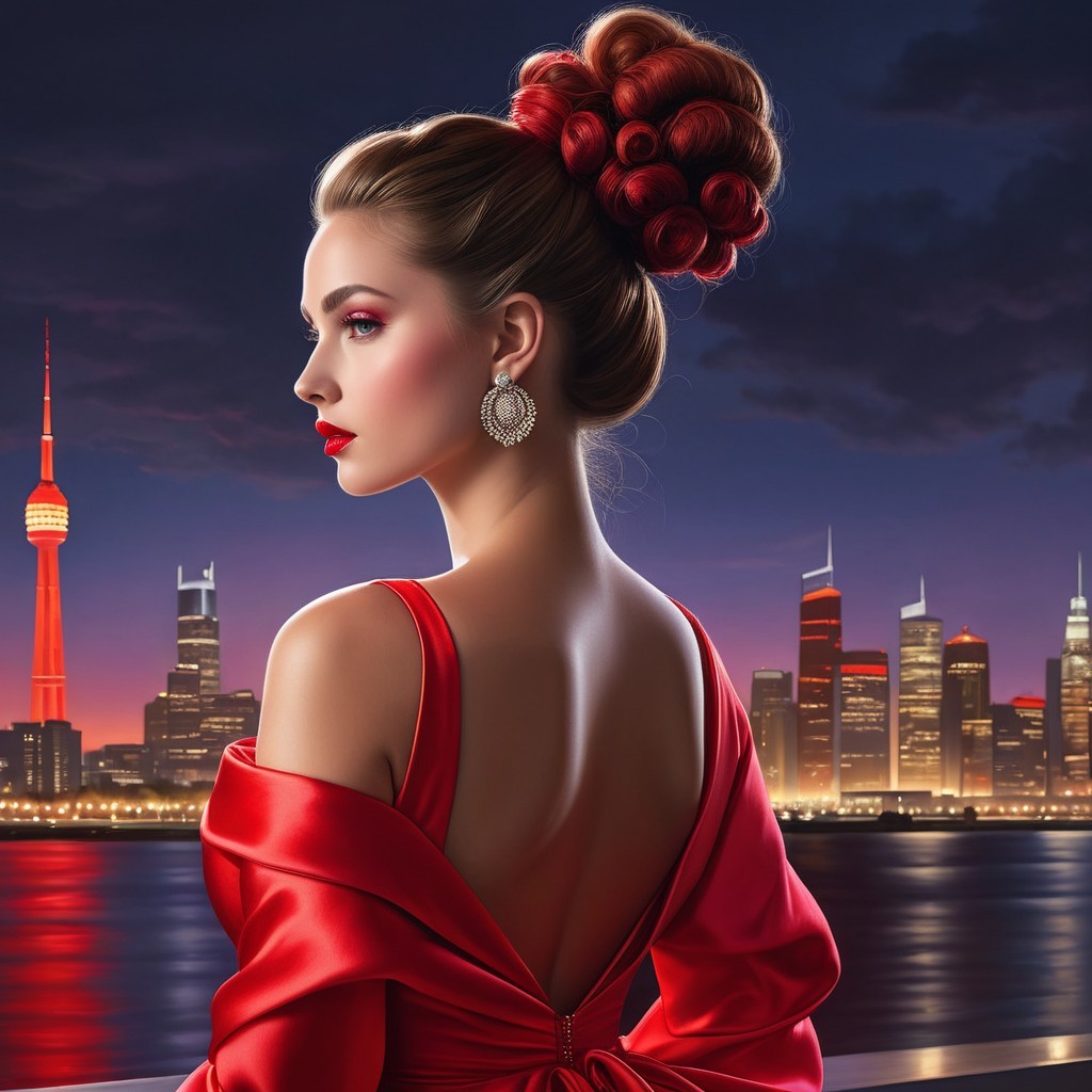 Glamorous Woman in Red Gown Against City Skyline