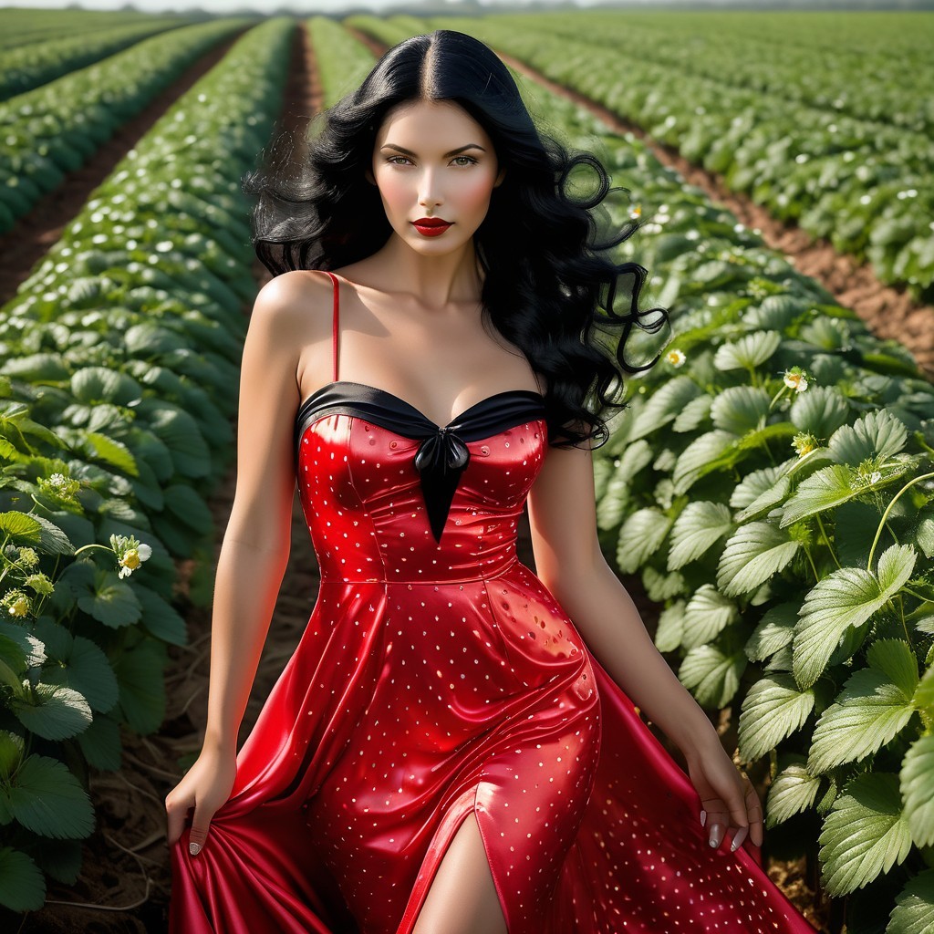 Elegant Woman in Red Dress in Strawberry Field