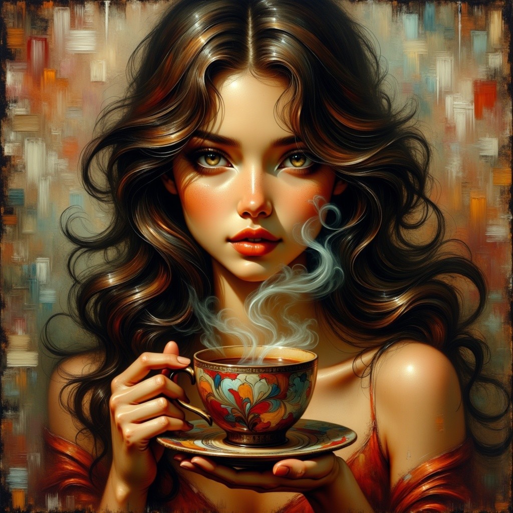 Young woman with cup in dreamy, colorful setting