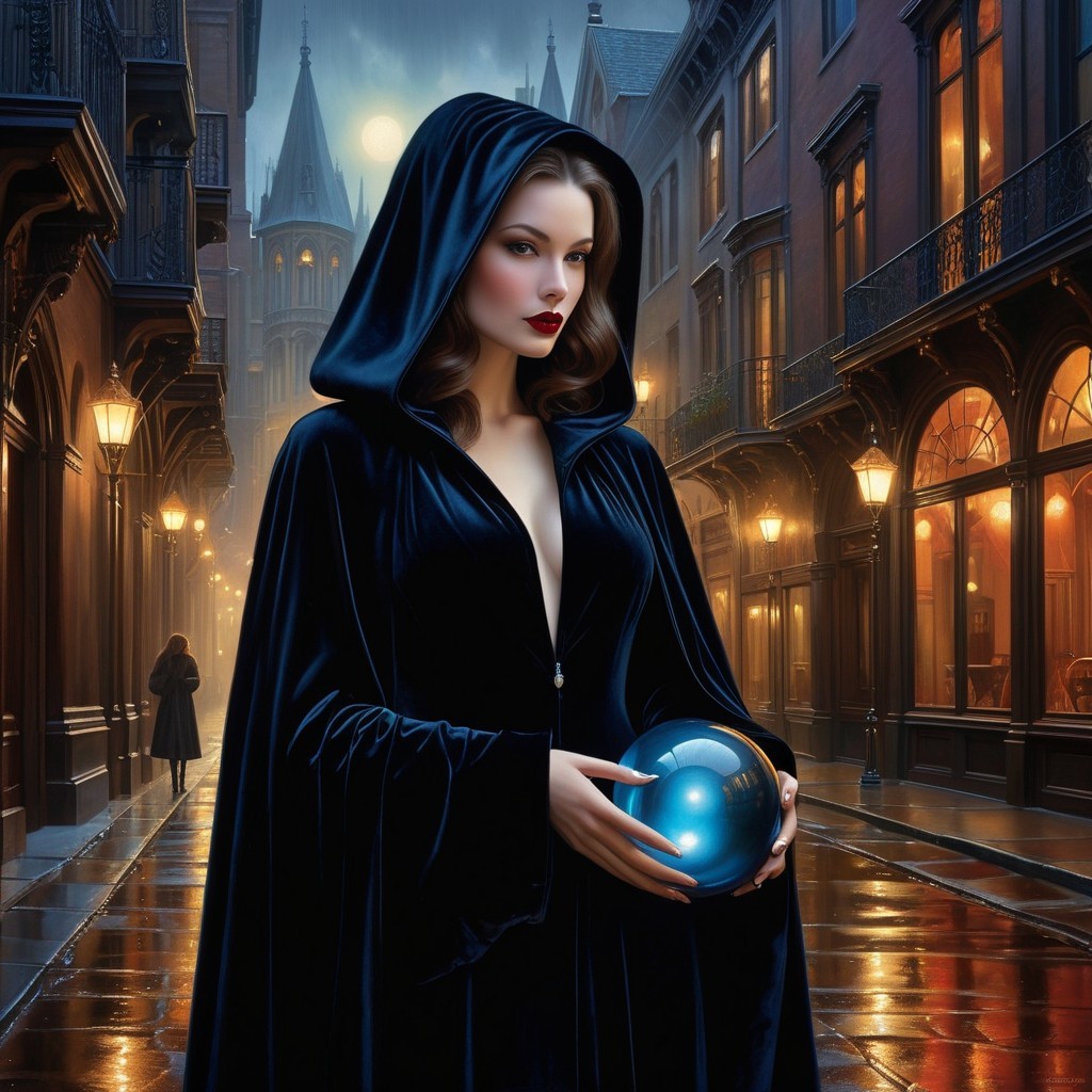 Mysterious Woman with Crystal Ball on Cobblestone Street