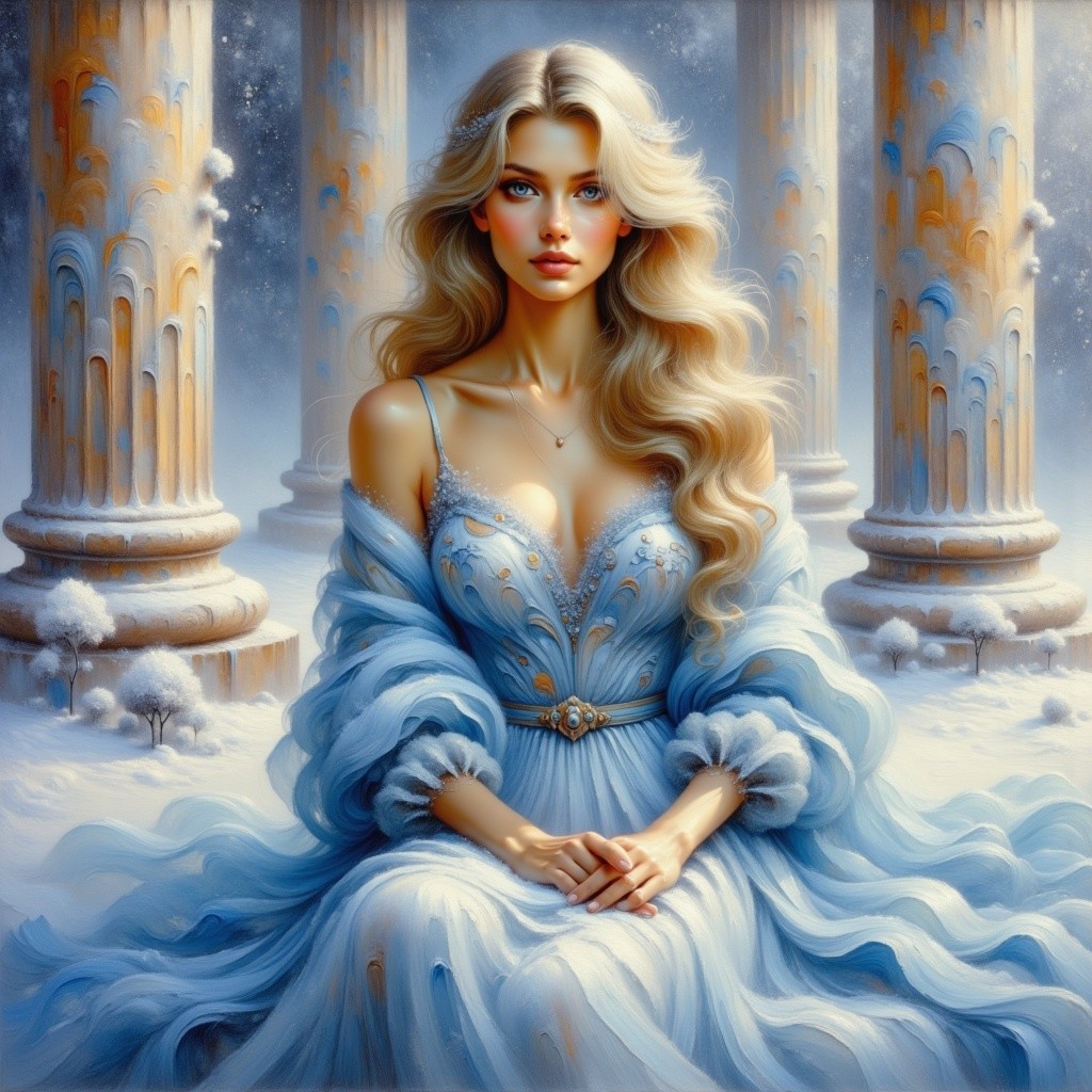 Woman in Icy Blue Gown in Winter Wonderland Scene