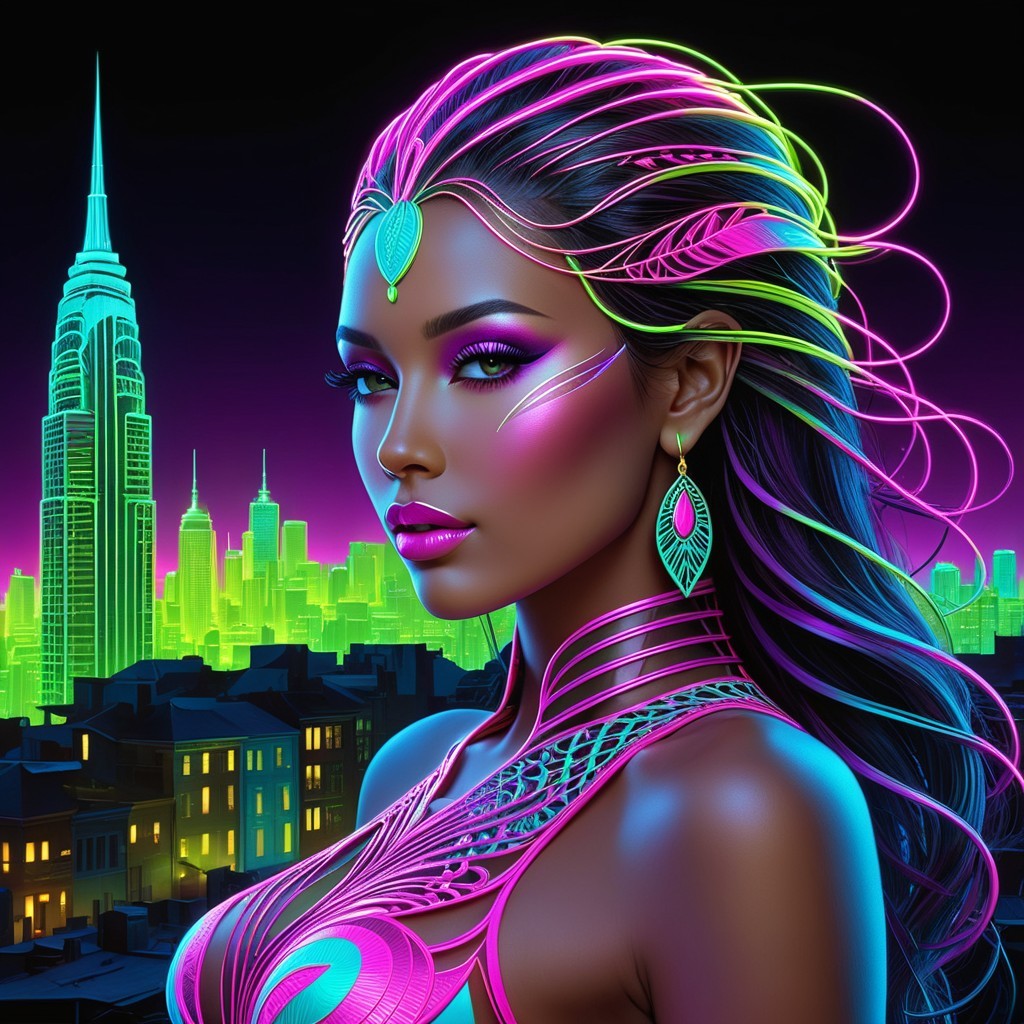 Vibrant Neon Portrait of Woman with Futuristic Skyline