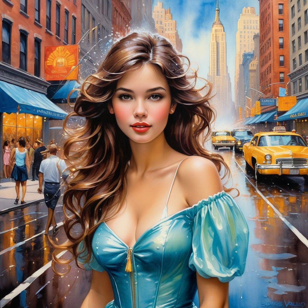 Young Woman in Blue Dress on Busy City Street