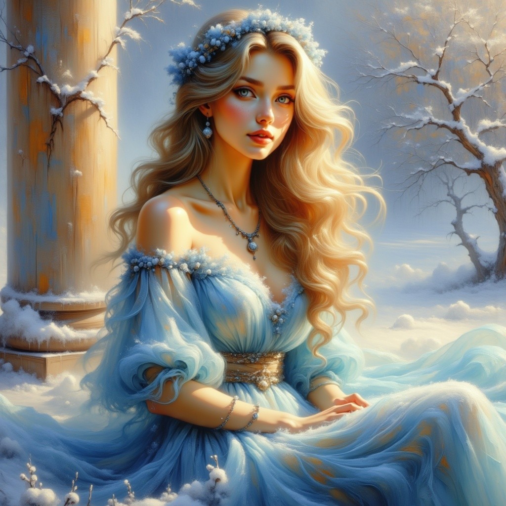 Winter Scene with Woman in Ice-Blue Gown and Snow