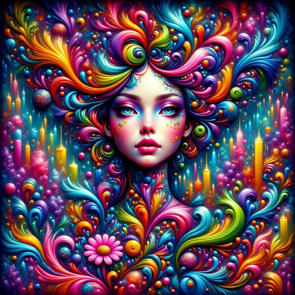 Vibrant Portrait of Woman with Colorful Hair and Patterns