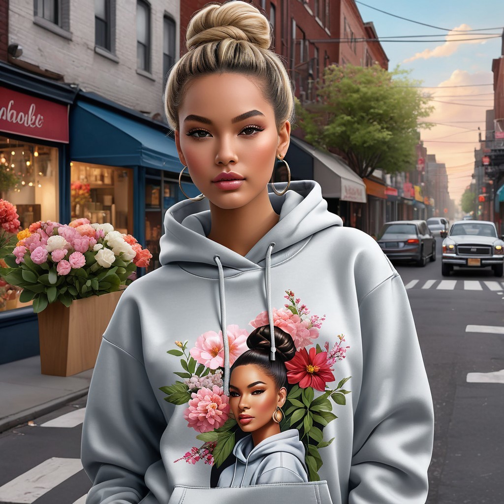 Young woman in floral hoodie against urban backdrop