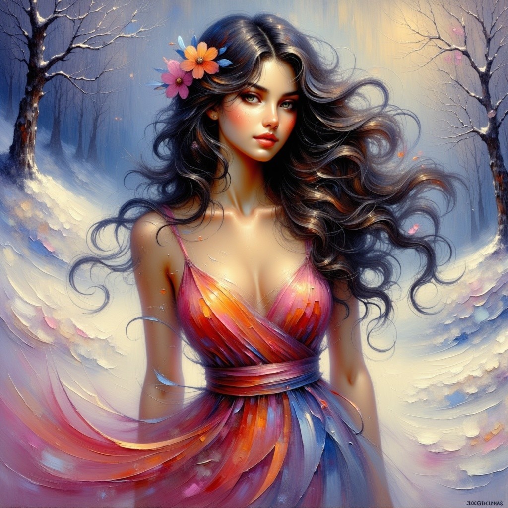 Graceful figure in vibrant dress in snowy landscape