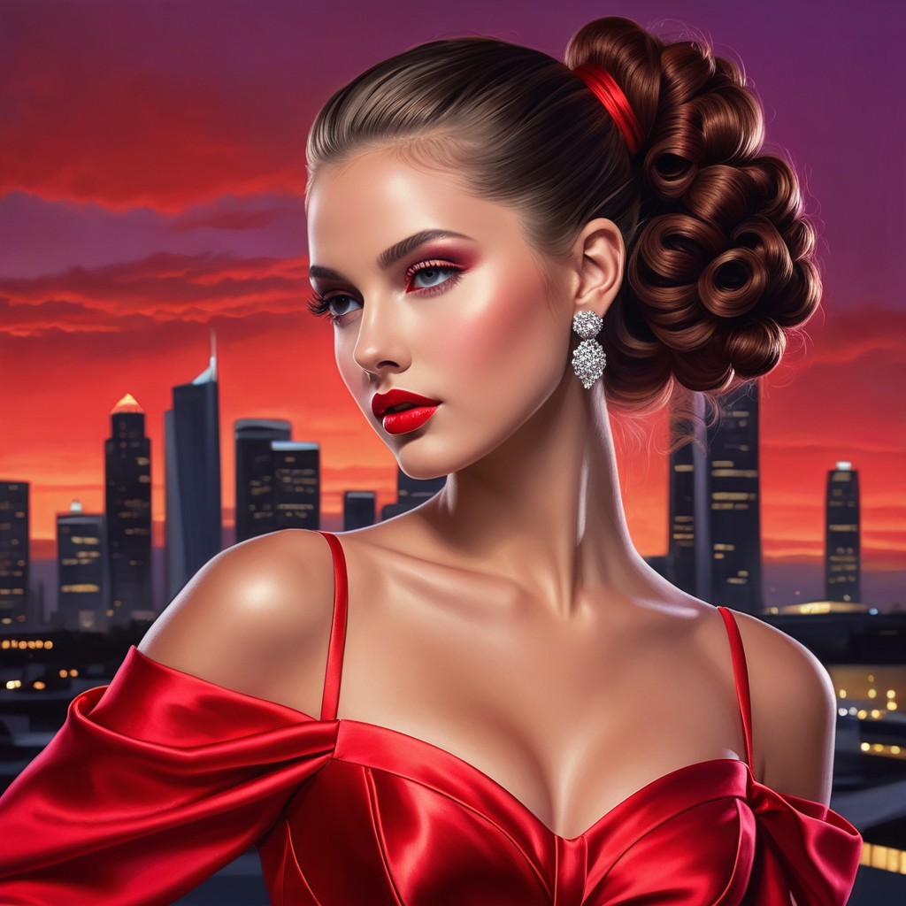 Glamorous Woman in Red Dress Against Sunset Skyline