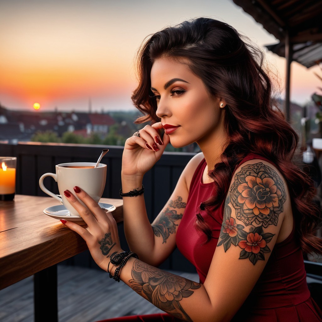 Woman in Red Dress at Outdoor Café with Coffee
