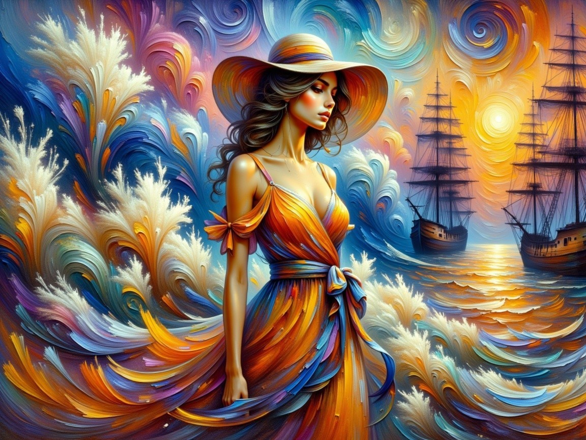Vibrant Digital Painting of Woman in Flowing Dress