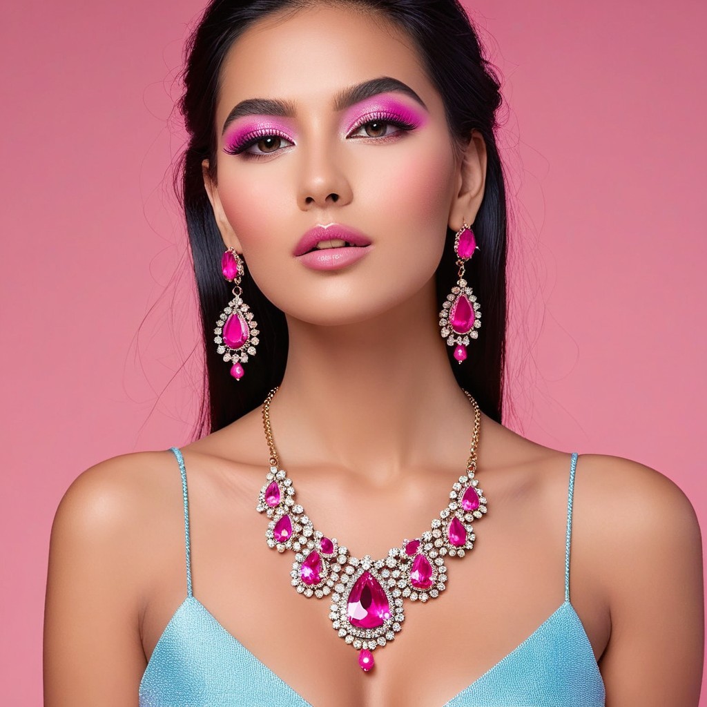 Model with Pink Makeup and Elegant Jewelry Display
