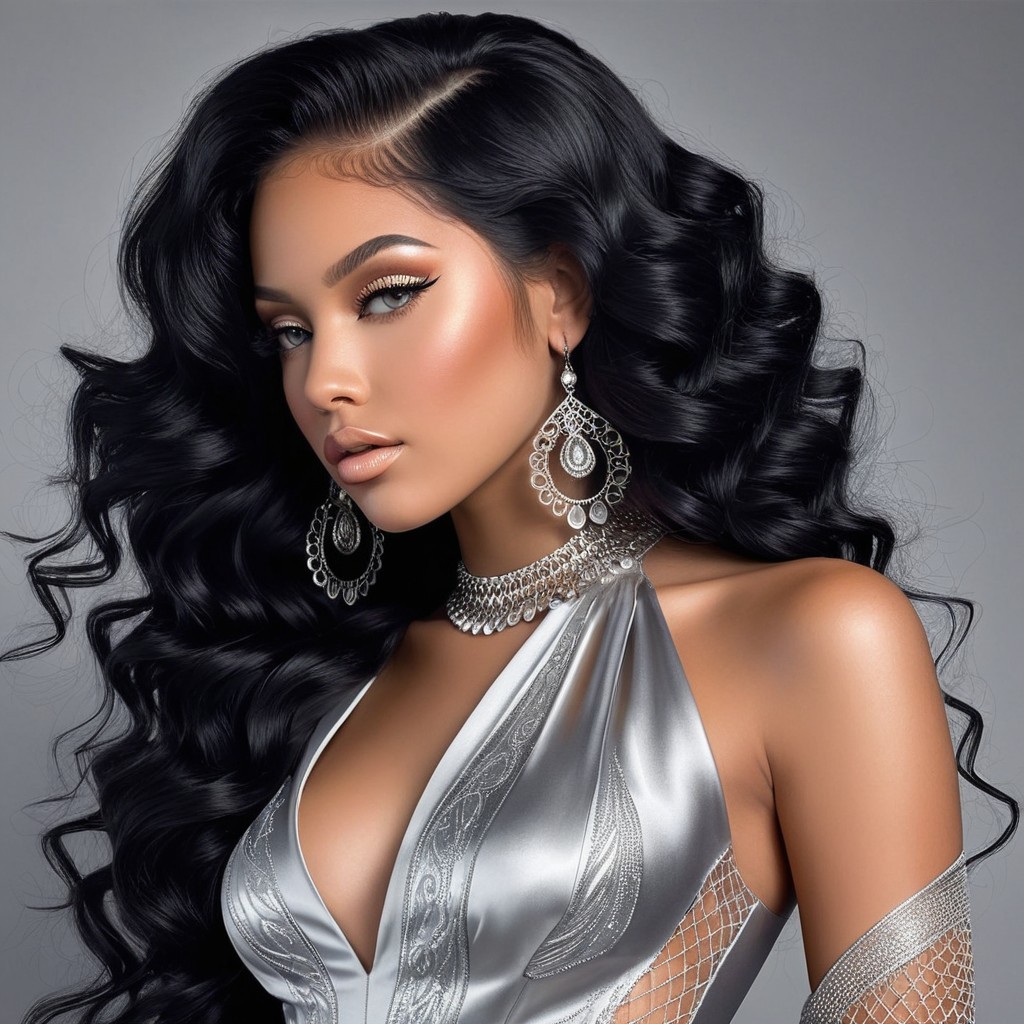 Glamorous Young Woman in Silver Dress and Curls