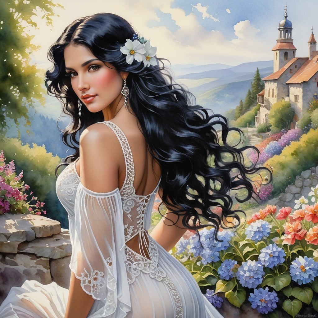 Elegant Woman in Sheer Gown Against Scenic Landscape