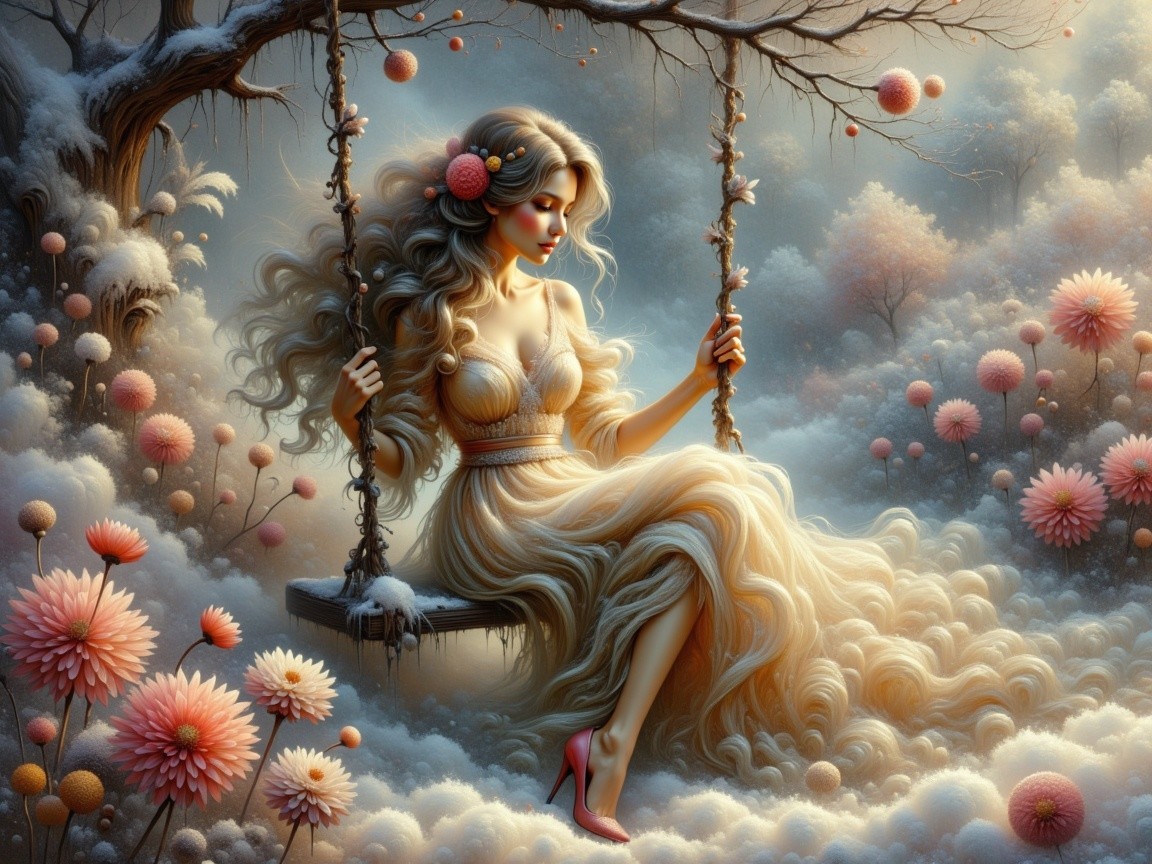 Woman on Swing in Fantasy Landscape with Flowers