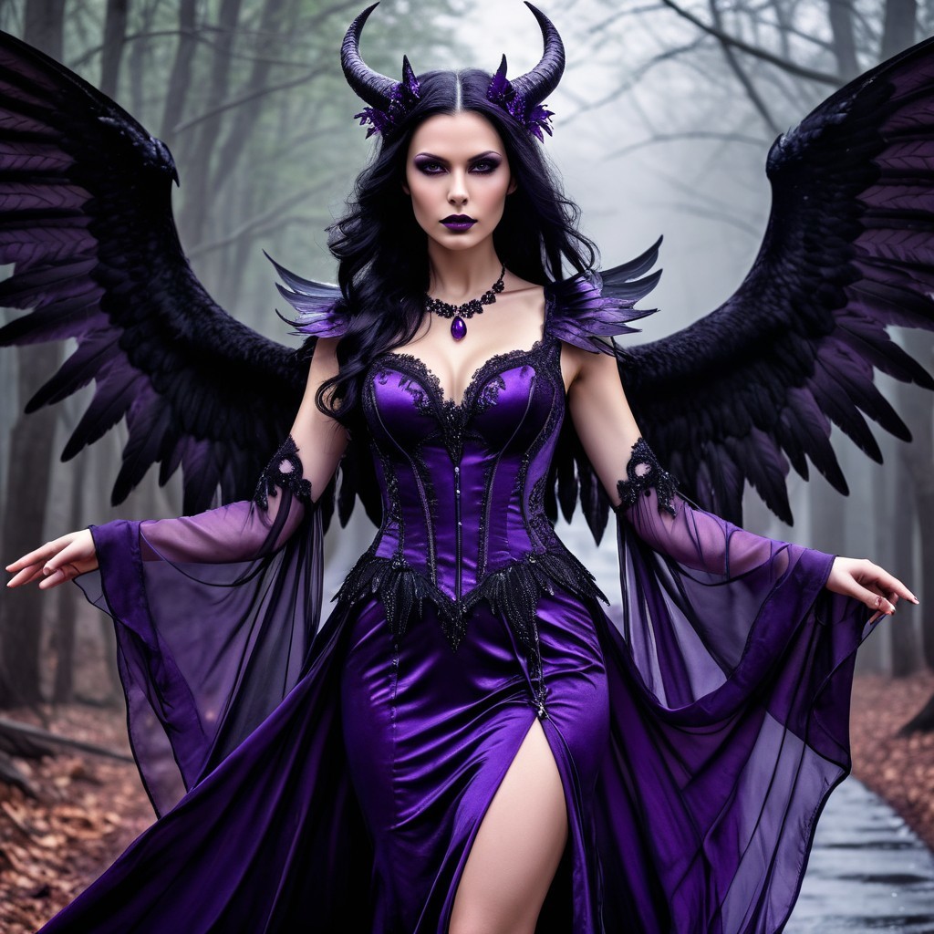 Mysterious Figure in Purple Gown with Feathered Wings