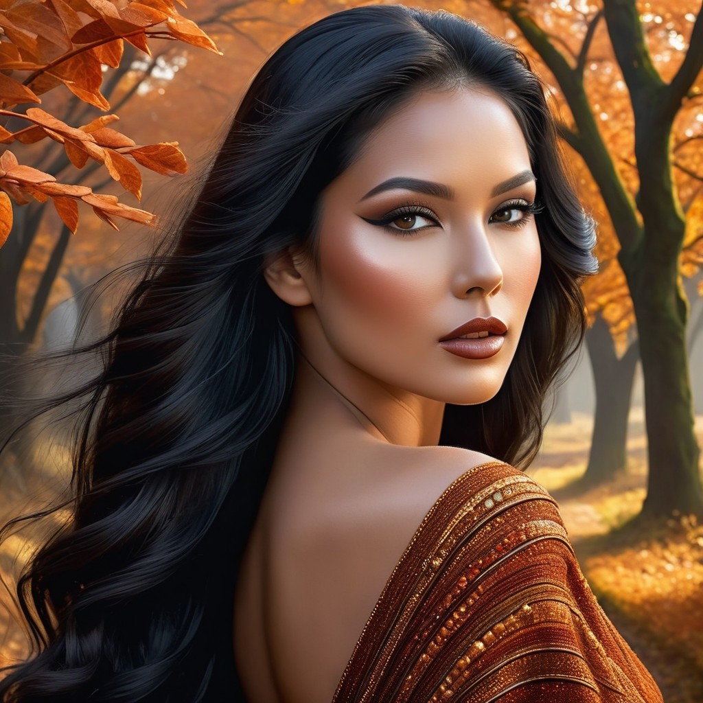Elegant Woman in Rust Garment Amid Autumn Leaves