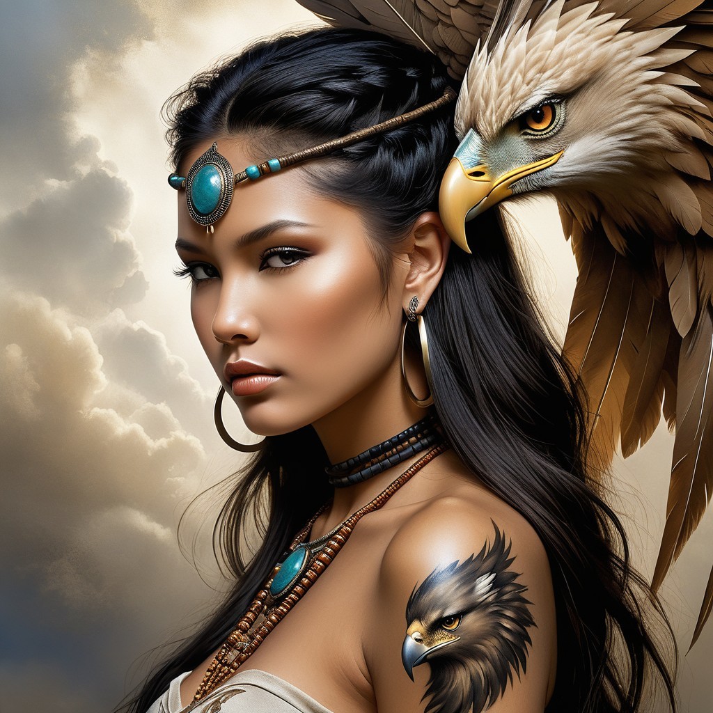 Striking Woman with Tribal Jewelry and Eagle Companion