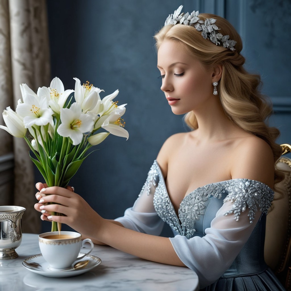 Elegant Woman in Blue Gown with White Lilies