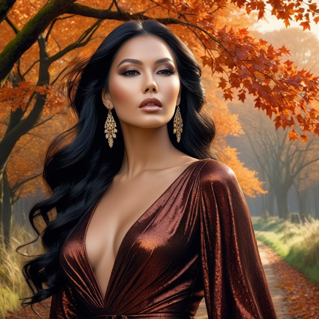 Elegant Woman in Bronze Dress Amid Autumn Landscape