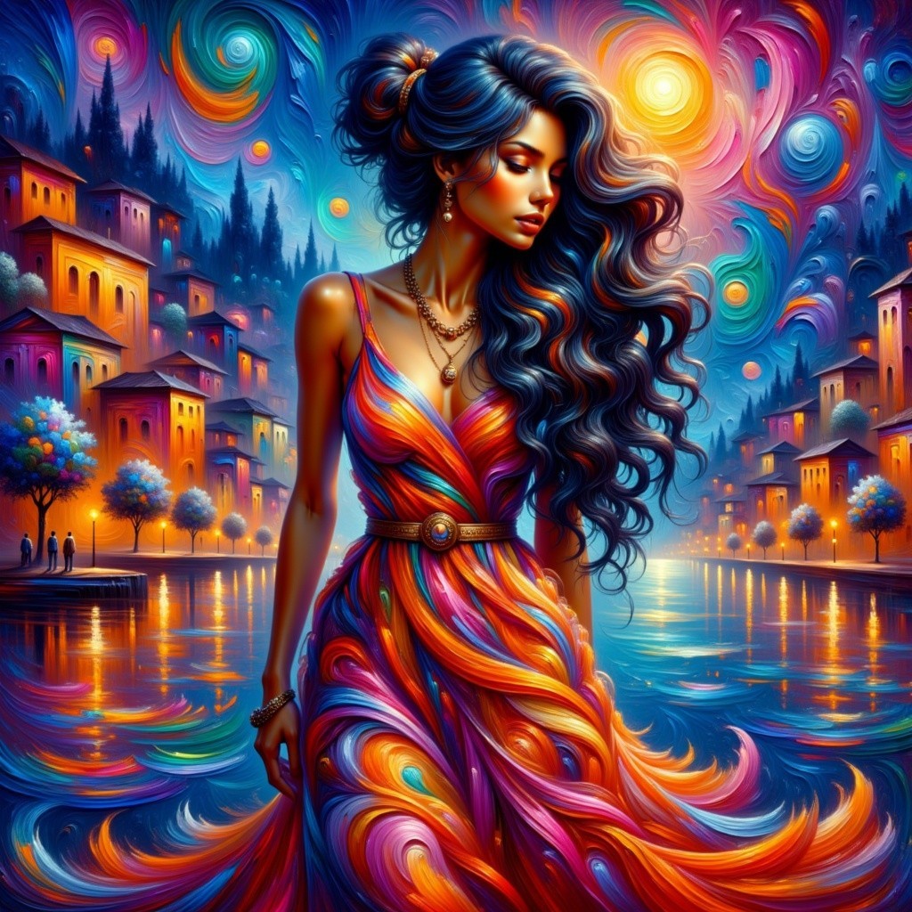 Elegant Woman by Serene River with Colorful Dress