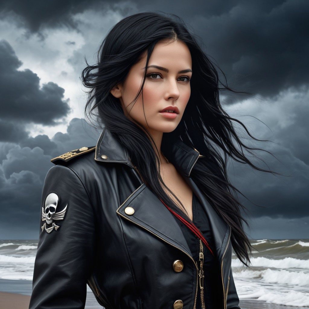 Confident Woman in Black Jacket on Windswept Beach