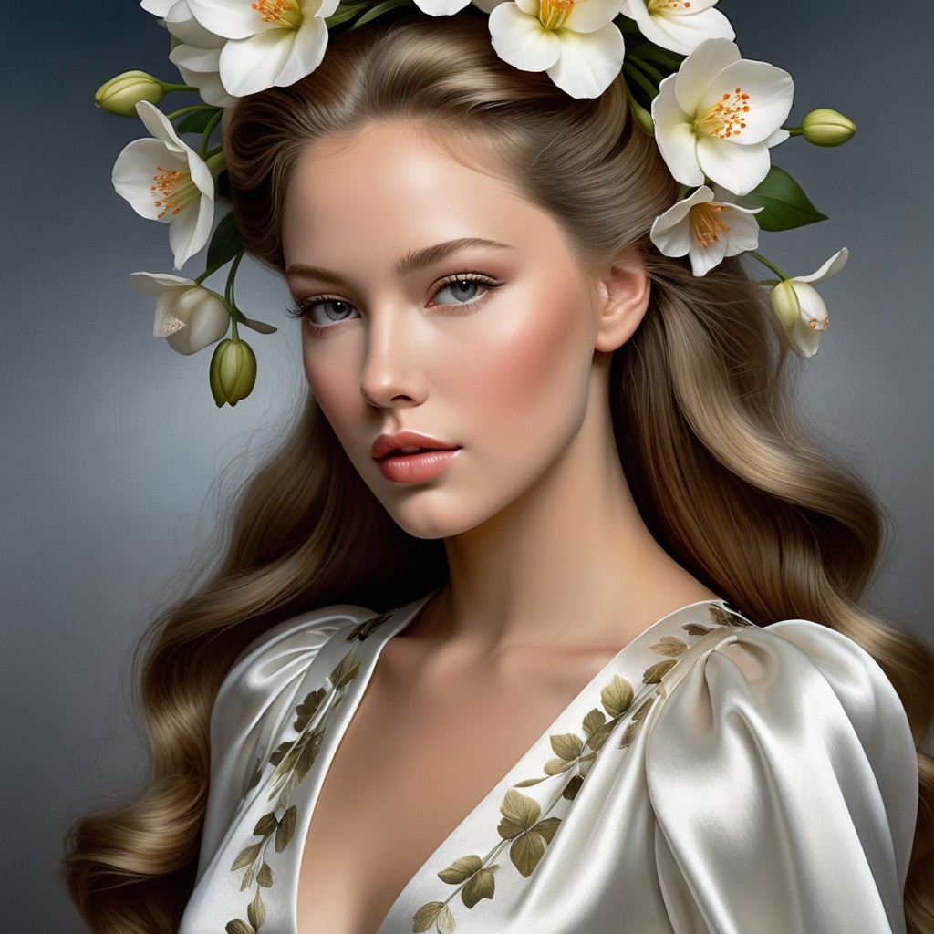 Portrait of a Young Woman with Flowers and Satin Blouse