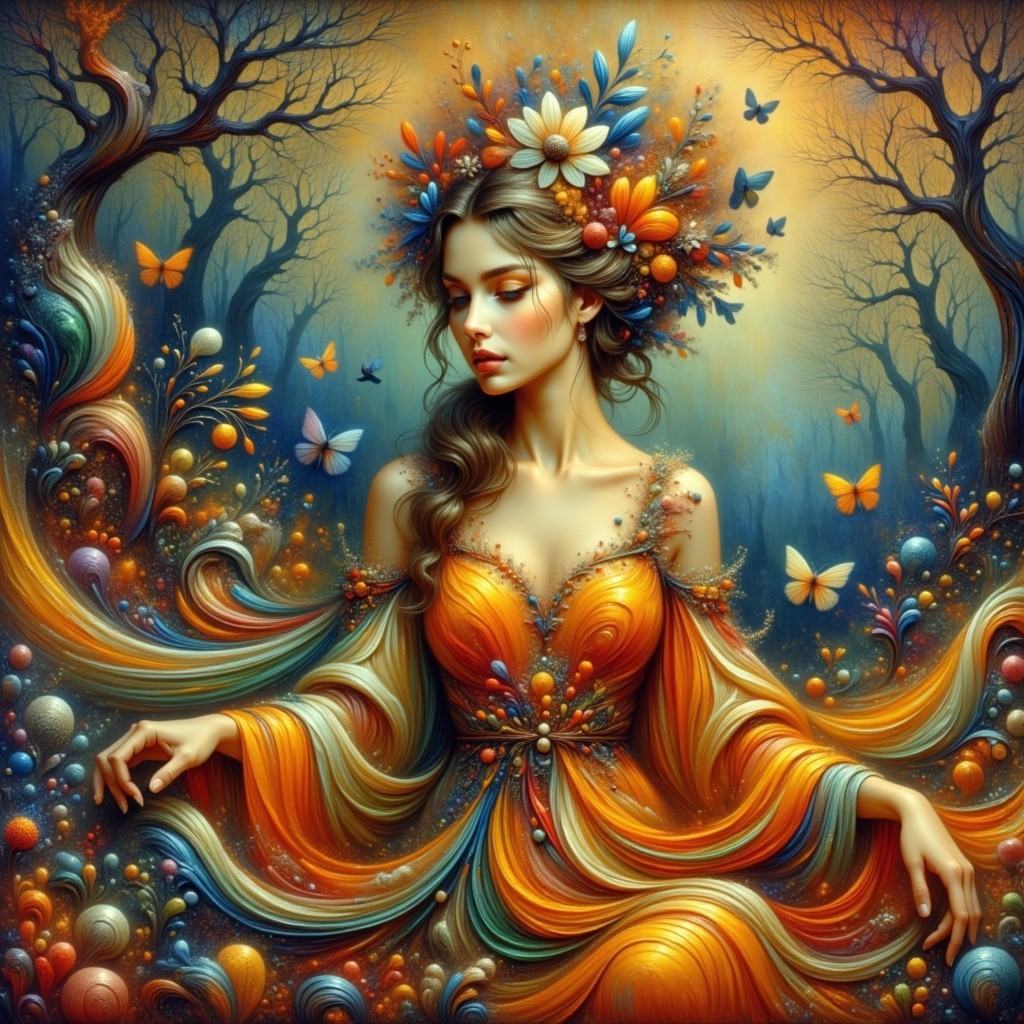 Digital Painting of a Woman in Floral Crown and Gown