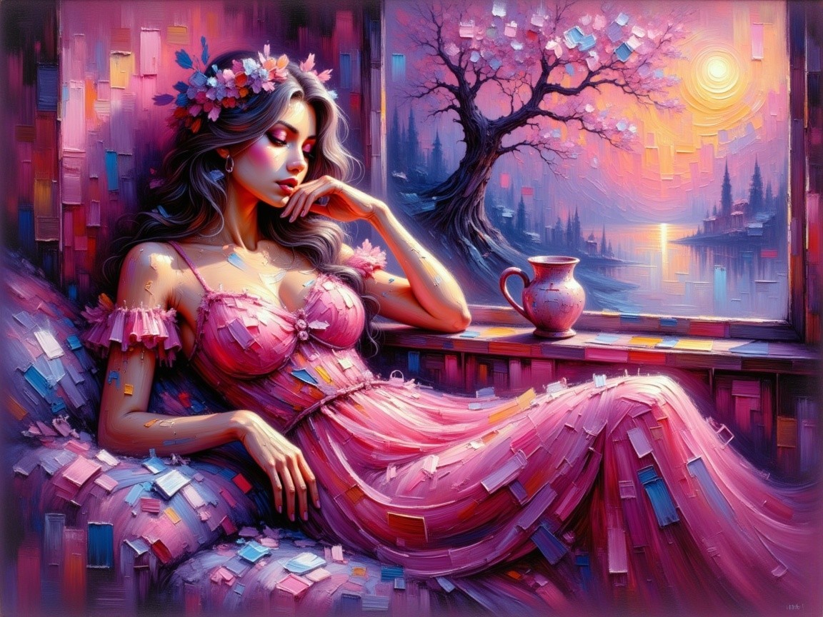 Dreamy Scene with Lady in Pink Gown by Window