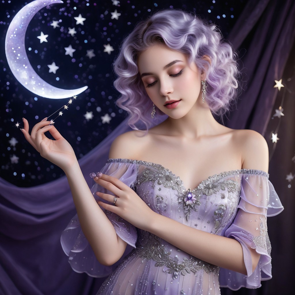 Dreamy Scene of a Woman in Lavender Gown and Moon
