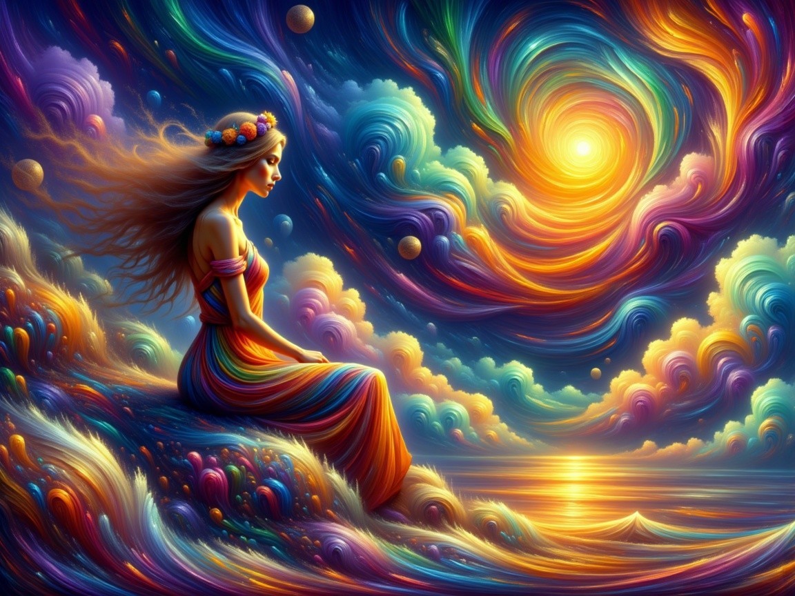Vibrant Scene of Woman in Colorful Dress by Ocean