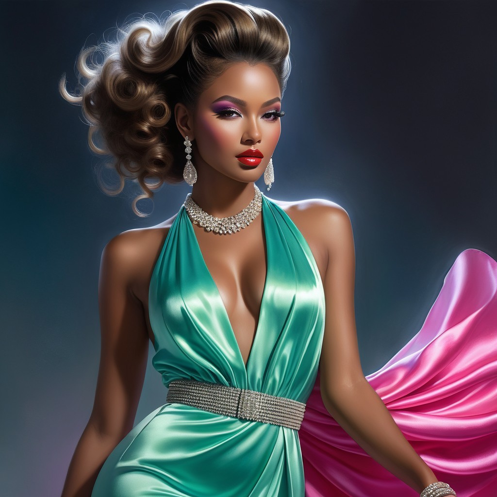 Elegant Woman in Teal Gown with Styled Hair and Makeup