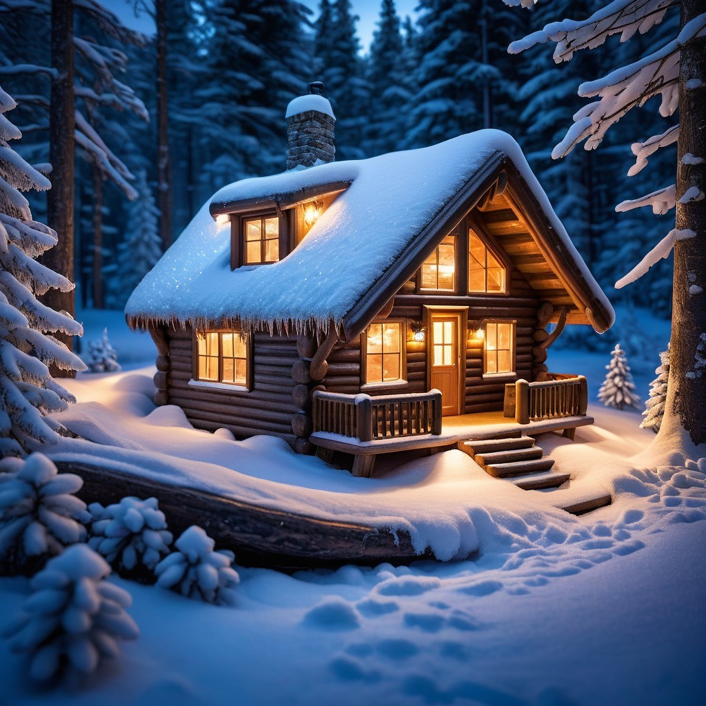 Cozy Wooden Cabin in a Snowy Winter Forest