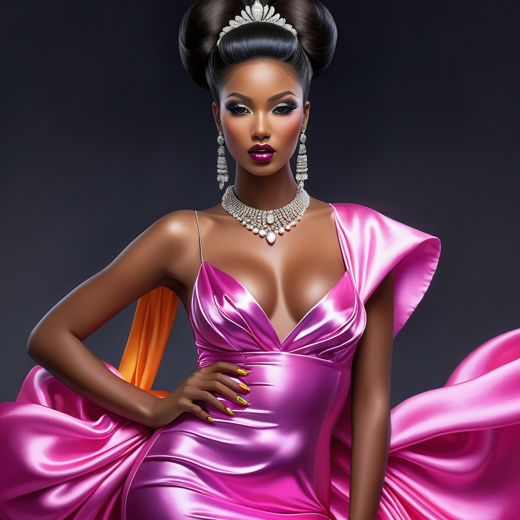 Model in Luxurious Pink Gown with Elegant Updo