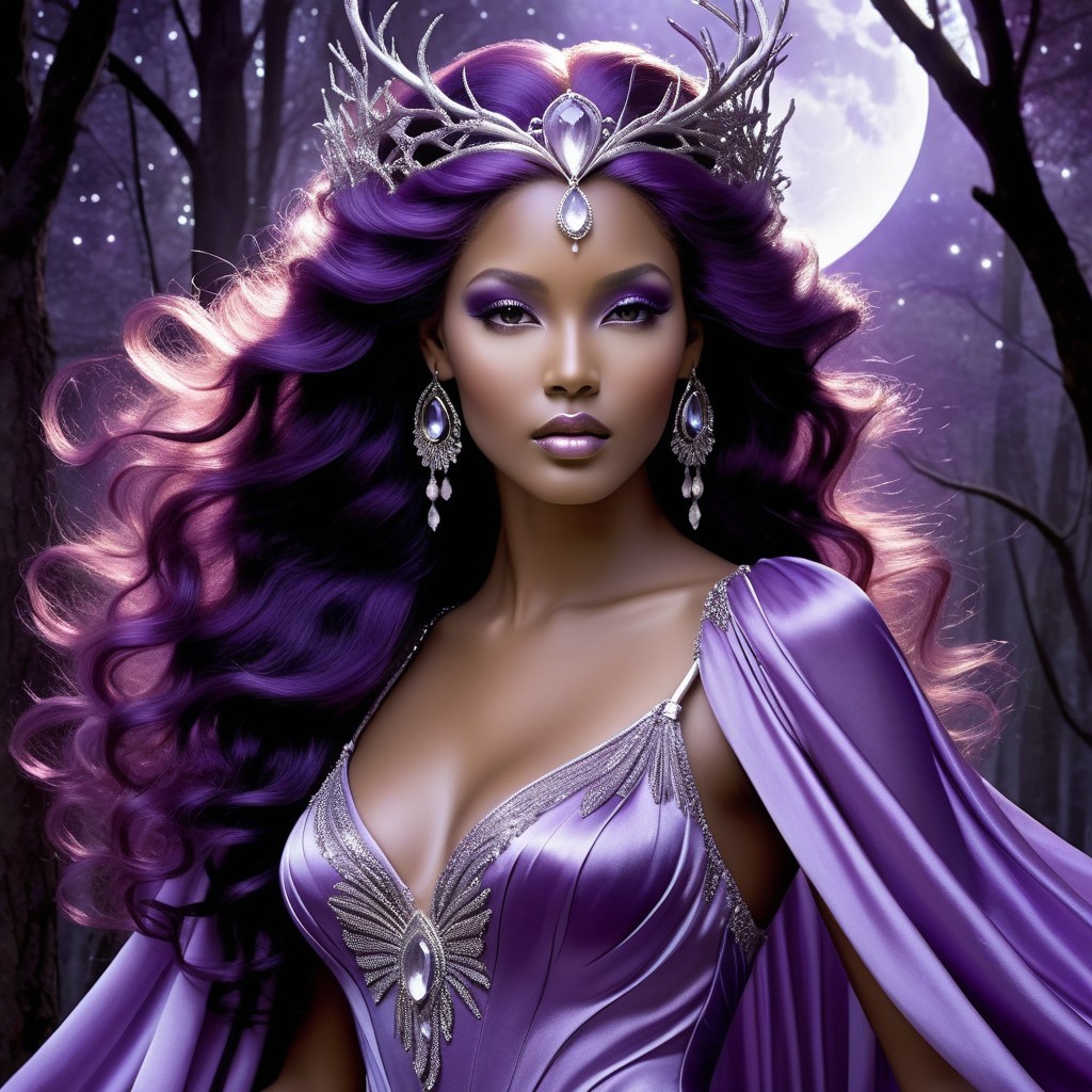 Regal figure in a mystical forest under a full moon