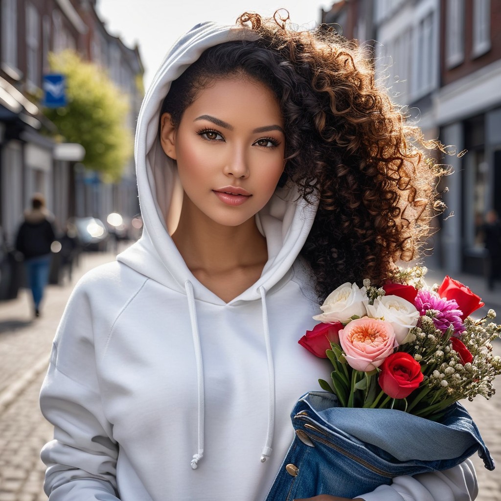 Young woman with curly hair and bouquet on a street