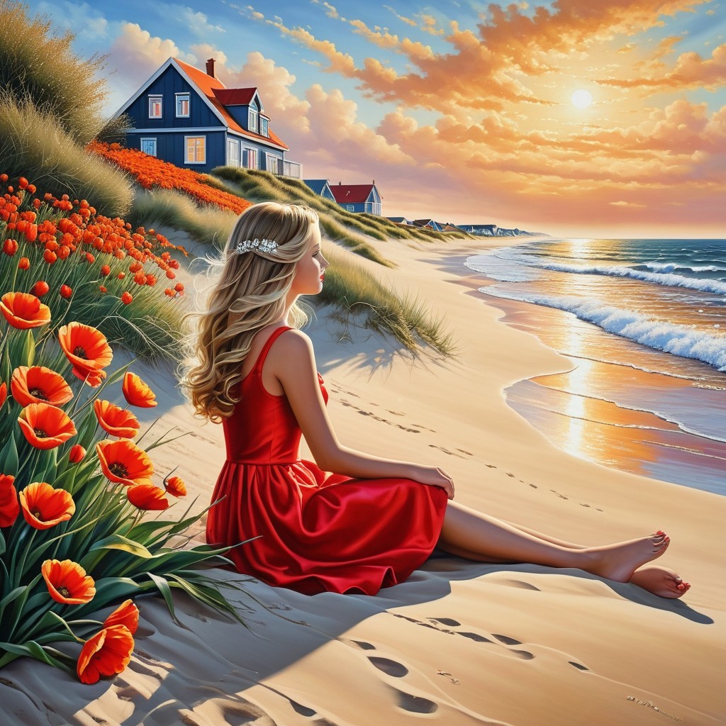 Beach Sunset with Girl in Red Dress and Poppies