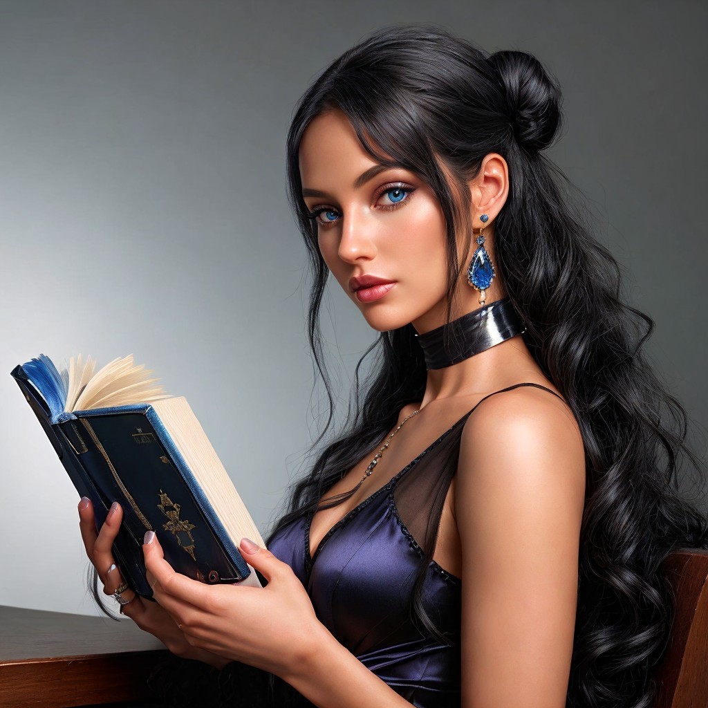 Young woman reading at a wooden table with book