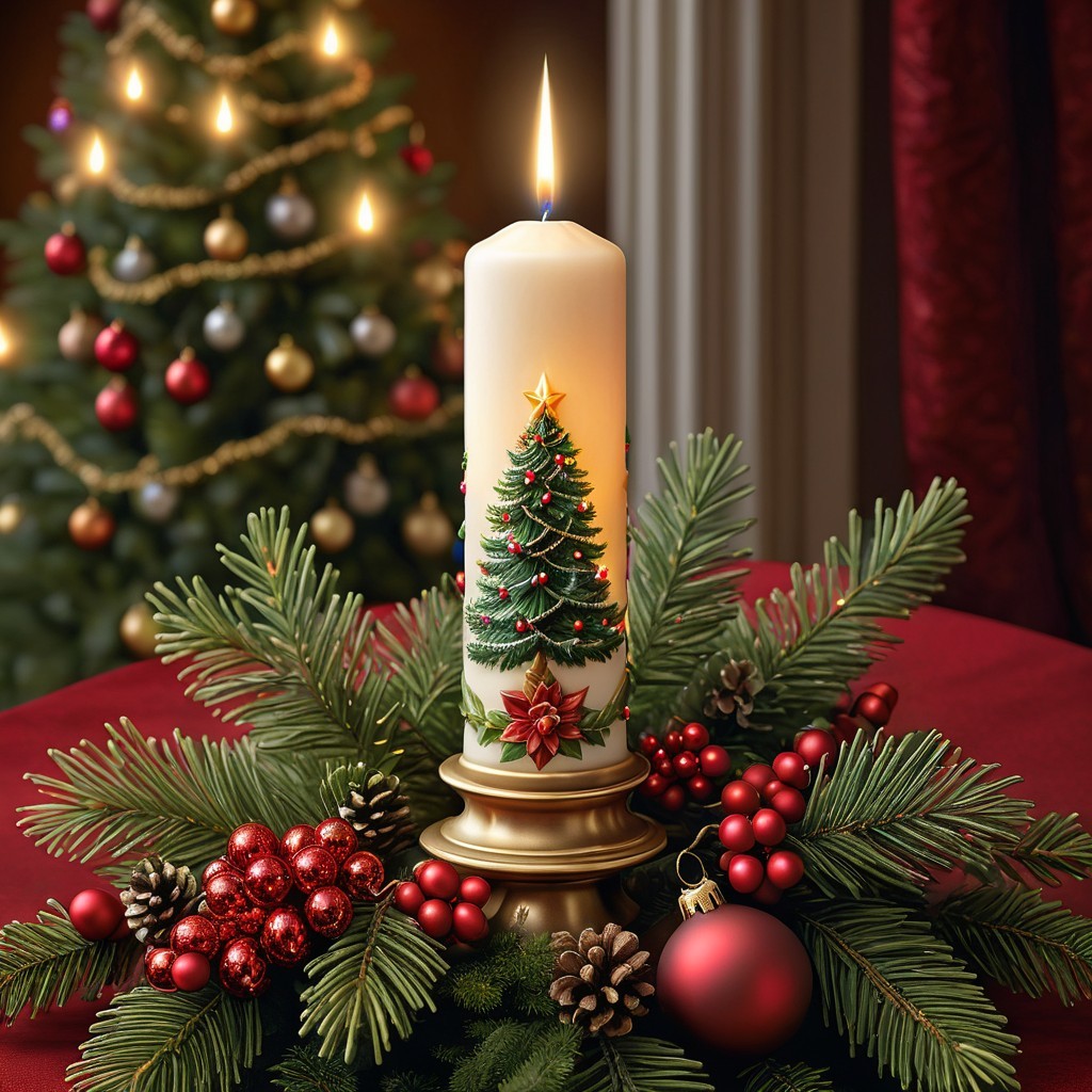 Christmas Candle in Golden Holder with Pine Decor
