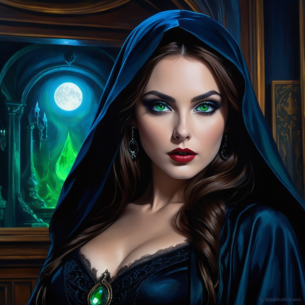 Mysterious Woman in Dark Hood with Green Glow