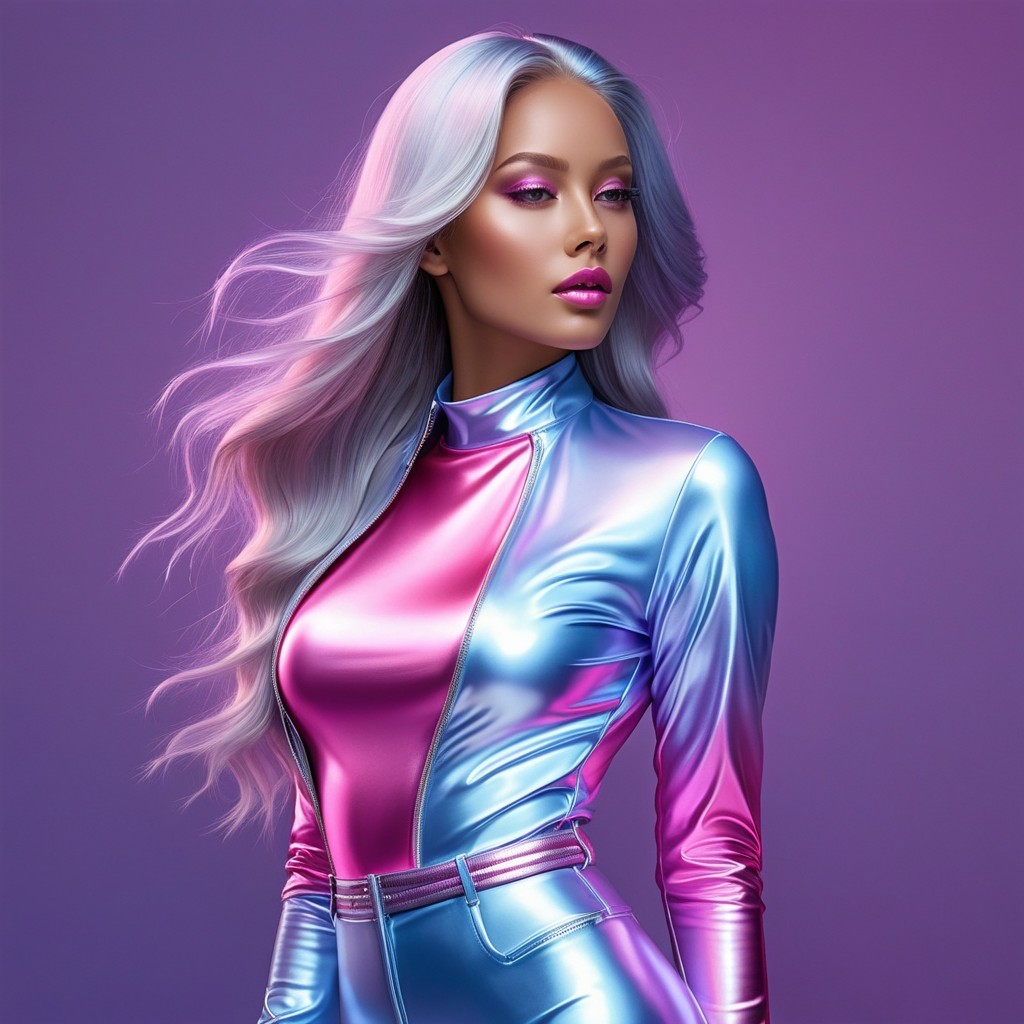 Model in Iridescent Outfit with Futuristic Aesthetic